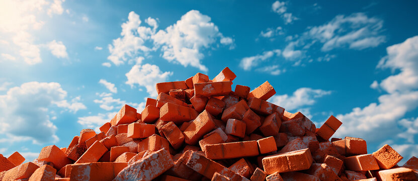 Piles of orange bricks against bright blue sky with fluffy clouds create striking construction scene. vibrant colors evoke sense of industriousness and potential