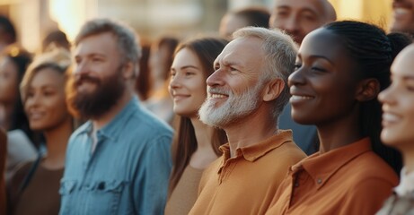 Fototapeta premium Diverse group of people looking optimistically toward the future, side view of smiling people in sunlight.