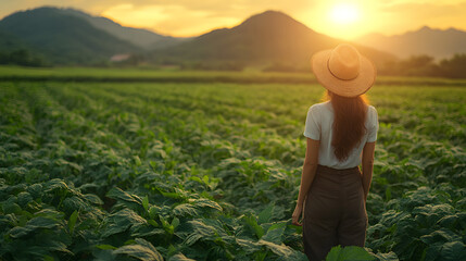 Fototapeta premium Female farmer working in a lush green field, dedication and sust
