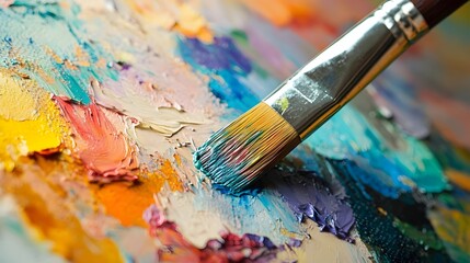 Fototapeta premium Close-up of a paintbrush applying vibrant colors on a textured palette, showcasing artistic creativity