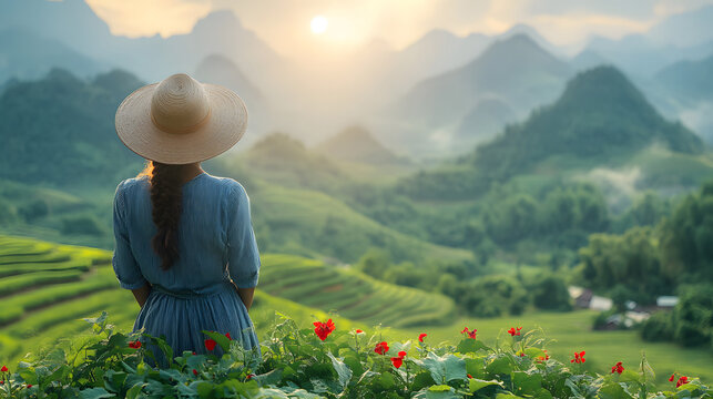 Female farmer working in a lush green field, dedication and sust