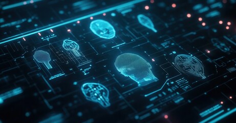 Futuristic interface showcasing human head scans with intricate circuitry patterns, data visualization, and glowing blue hues.