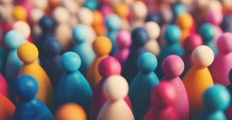 Colorful Crowd: A vibrant collection of diverse wooden figures, a symbol of community, collaboration, and togetherness. Unity in diversity.