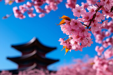 Blossoming cherry trees in front of traditional pagoda under clear blue sky create serene and picturesque scene. vibrant pink flowers contrast beautifully with architecture