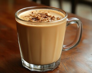 Creamy beverage in glass mug on wooden table