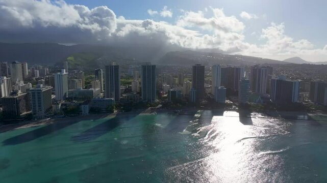 Wide aerial view of high rise buildings at Waikiki Beach