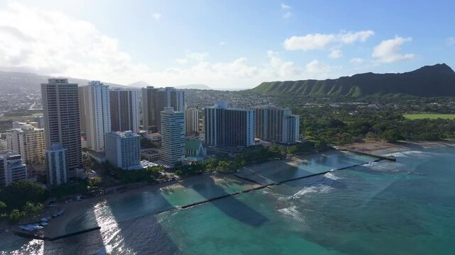Aerial view of Waikiki Beach and Diamond Head from ocean