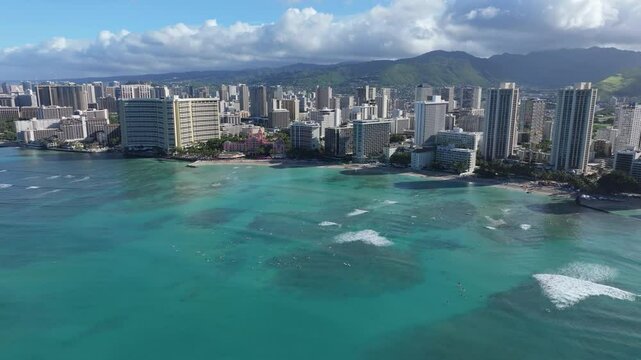 Wide aerial view of high rise buildings at Waikiki Beach