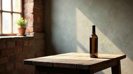 Rustic wooden table with a single bottle of wine, bathed in sunlight near a brick wall and windowsill plant