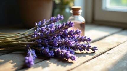 Fototapeta premium Sunlight Illuminates a Delicate Bunch of Lavender Flowers Resting Near a Small Bottle of Essential Oil on a Weathered Wooden Surface