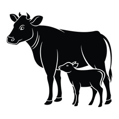 Vector Illustration of Cow and Calf Silhouette
