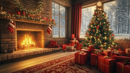 A cozy Christmas scene with a glowing fireplace, decorated tree, and wrapped presents.