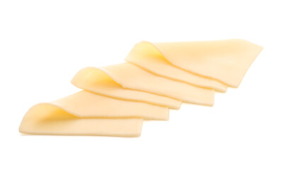 Delicious cheese slices on white background