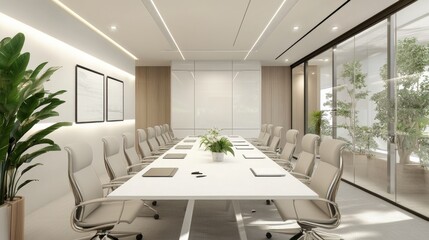 Fototapeta premium A contemporary office meeting room with a long white conference table, ergonomic chairs, and clean white walls.