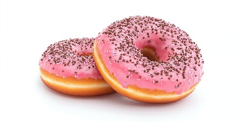 Delicious pink frosted donuts with chocolate sprinkles displayed side by side on a clean white background highlighting their delightful appearance.