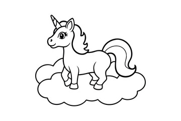 Line art of a baby unicorn with a small horn and a flowing mane designed for coloring page.eps