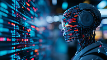 futuristic AI robot with digital interface is working on computer, surrounded by vibrant data streams. scene conveys sense of advanced technology and innovation