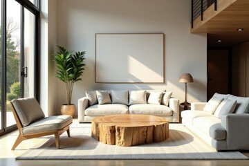 Modern minimalist living room with natural wood coffee table and large window