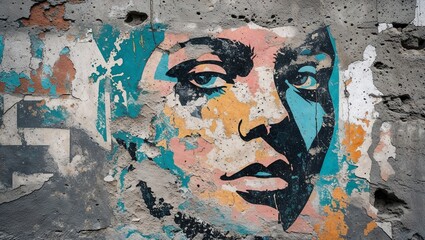 Fototapeta premium Old wall background, graffiti of a woman's face, urban art and decay