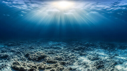 Naklejka premium Underwater algae, sea grass on the ocean floor in the sun. Design banner template poster about protection of the biological environment, clean water, advertising diving and sea grass day, copyspace