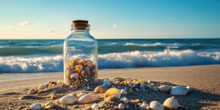 Abandoned glass bottle filled with colorful seashells on sandy beach at sunset with gentle waves in background and clear blue sky above