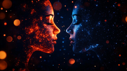 Cosmic faces of two women, one glowing with fiery orange and other with cool blue, symbolize balance of elements in universe. Their serene expressions evoke sense of harmony