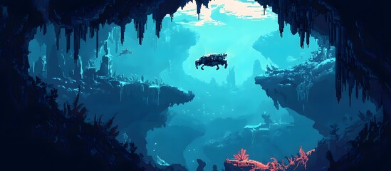 Underwater cave landscape, vehicle, coral reefs