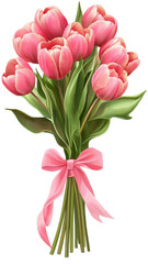 Fototapeta premium Beautiful Pink Tulip Bouquet Tied with Ribbon on transparent background 