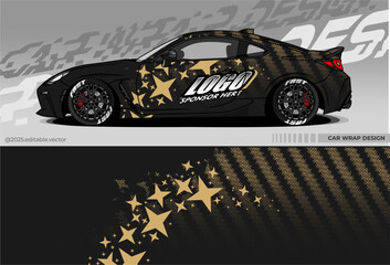 Vector Graphic of car wrap design. Livery Car decal with black and gold colour. There are stars scattered in the design and carbon pattern. Suitable for racing, drift, rally, or daily use