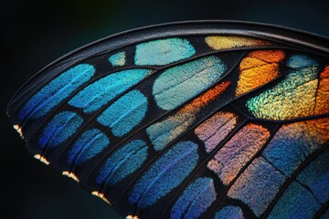 Close-up of a butterfly wing showcasing vibrant iridescent blue, orange, and purple scales.