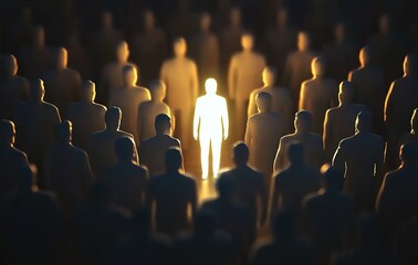 A paper silhouette of a human figure luminous amidst numerous shadow-like human forms, intended for the concepts of personal development and leadership in illustrative and background design.