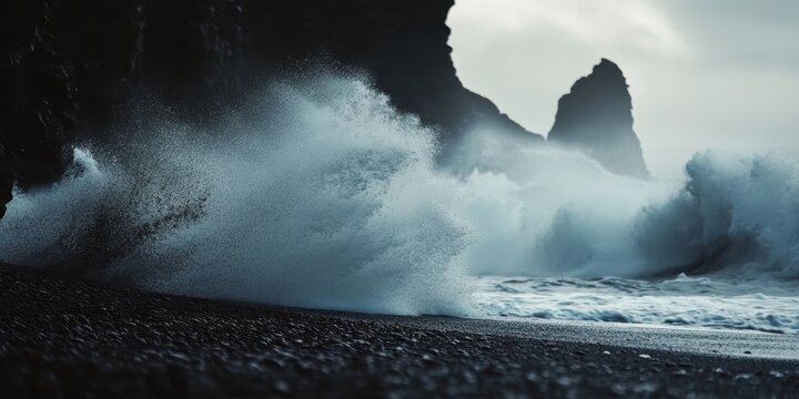 Crashing waves against a dramatic black sand beach with rocky cliffs in the background showcasing shades of blue and grey in a moody atmosphere