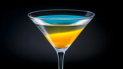 Layered cocktail in martini glass, dark background, menu use