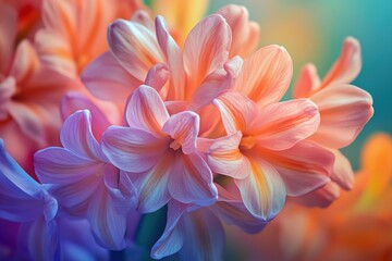 Obraz premium Vibrant hyacinth flowers flourish in a colorful garden bed, ideal for spring themes, celebrations, greeting cards, and easter projects, showcasing the splendor of nature in macro detail