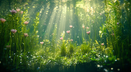 Sunlight illuminating underwater seagrass in the ocean. Banner design template or poster promoting marine ecosystem protection, clean water initiatives, diving activities, and celebration.