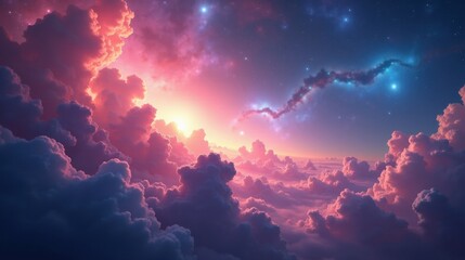 A radiant nebula bursting with swirling gaseous clouds, vibrant pinks and blues blending in Magical Realism, glowing stars forming within cosmic mist, a breathtaking deep-space vista.