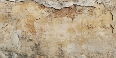 Weathered wall texture with peeling beige and brown layers, featuring cracks and rough surfaces, ideal for backgrounds or grunge aesthetics.