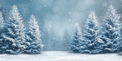 Fototapeta premium Snowy fir trees in a serene winter landscape surrounded by falling snowflakes and a soft, misty blue background creating a tranquil atmosphere