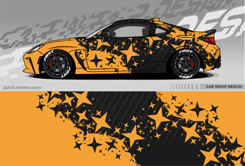 Vector Graphic of car wrap design. Livery Car decal with black and yellow colour. There are stars scattered in the design and carbon pattern. Suitable for racing, drift, rally, or daily use © Gayuhdesu
