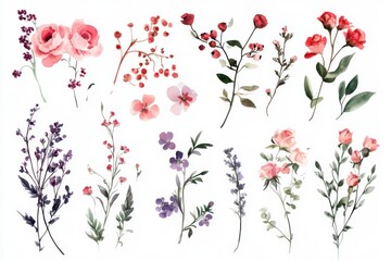 Charming floral elements featuring blossoms, twigs, greenery, herbs, and berries set on a clean white background for seamless integration into your romantic design projects