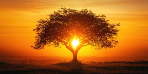 Obraz premium Tree silhouetted against a bright orange sunset with vibrant sun rays glowing behind it creating a stunning natural contrast and serene atmosphere.