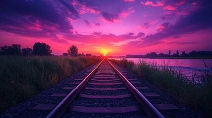 Obraz premium Sunset railroad tracks by river