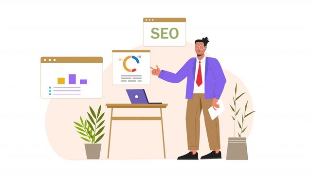 Flat vector scene animation illustrating a team performing SEO analysis, looking at data like website traffic, keyword rankings, and optimization metrics to enhance digital marketing strategies.