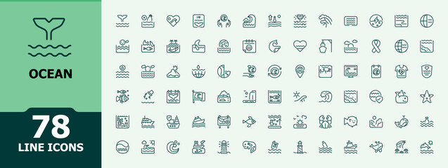 Set of ocean line icons. Included icons as water, ocean, nautical, marine, beach, underwater and more. Minimalist editable vector stroke. Outline icons collection. © icogrid