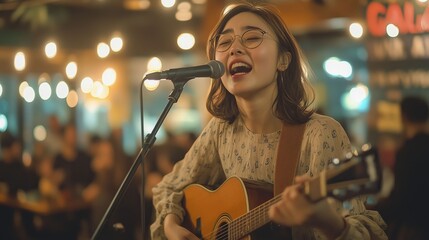 A young woman singing and playing the guitar in a cozy cafe, creating a warm and inviting