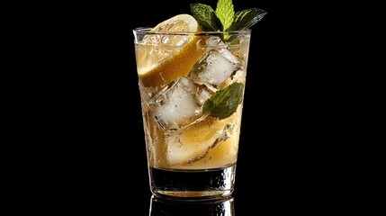 A refreshing iced lemonade with lemon slices and mint leaves, served in a tall glass with condensation, isolated on a clean background