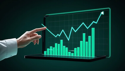 Interactive Business Analytics Display with Green Graphs and Bar Charts on Digital Screen