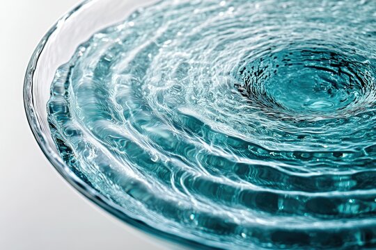 Ripples and concentric circles in a glass bowl of teal water, creating a mesmerizing abstract pattern.