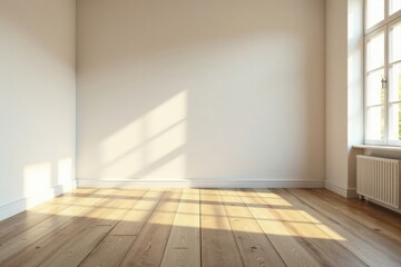 Sunlight streams through a window illuminating the light wood floor of an empty room with neutral walls