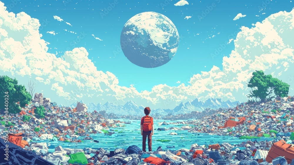 Fototapete a side-scrolling pixel art world, where a tiny character navigates through mountains of garbage on a